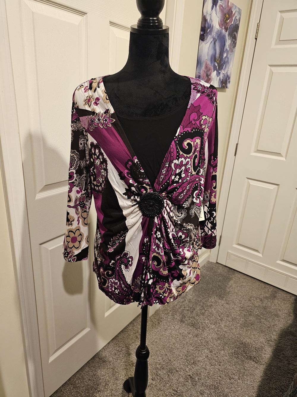 Kim Rogers Purple Paisley V-Neck Blouse with Decorative Buckle